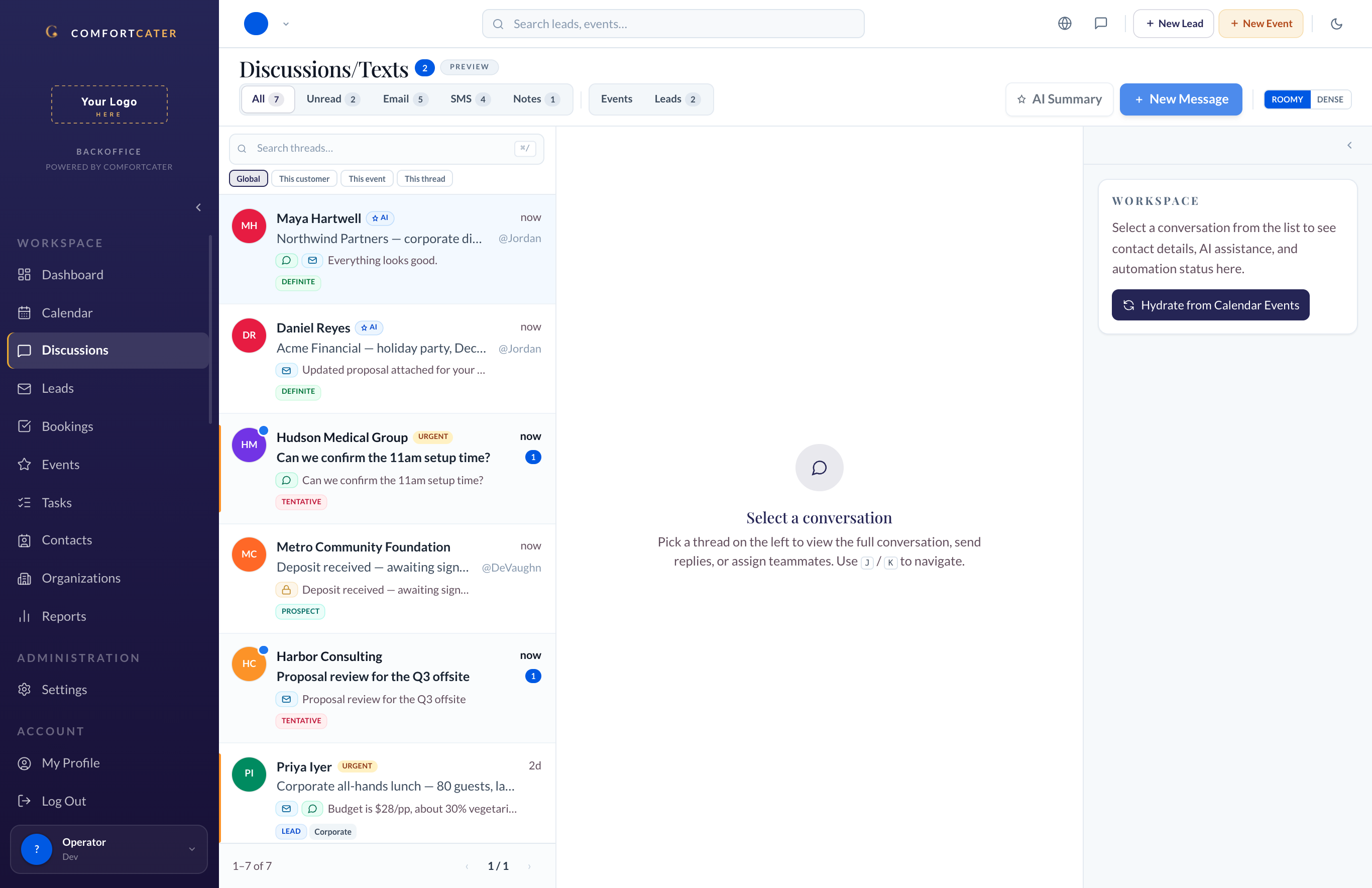 ComfortCater Unified inbox on desktop