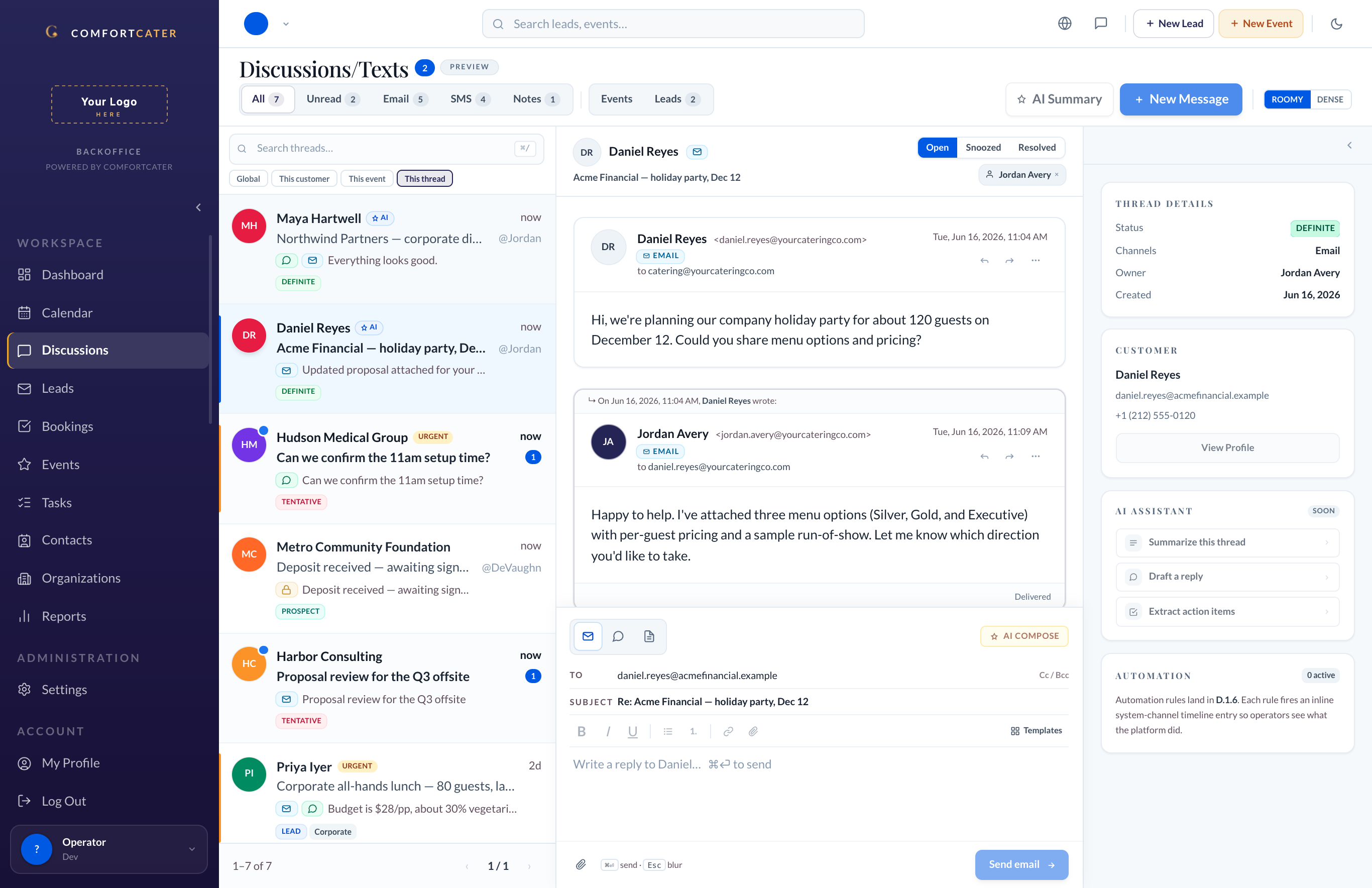 ComfortCater Email conversation on desktop