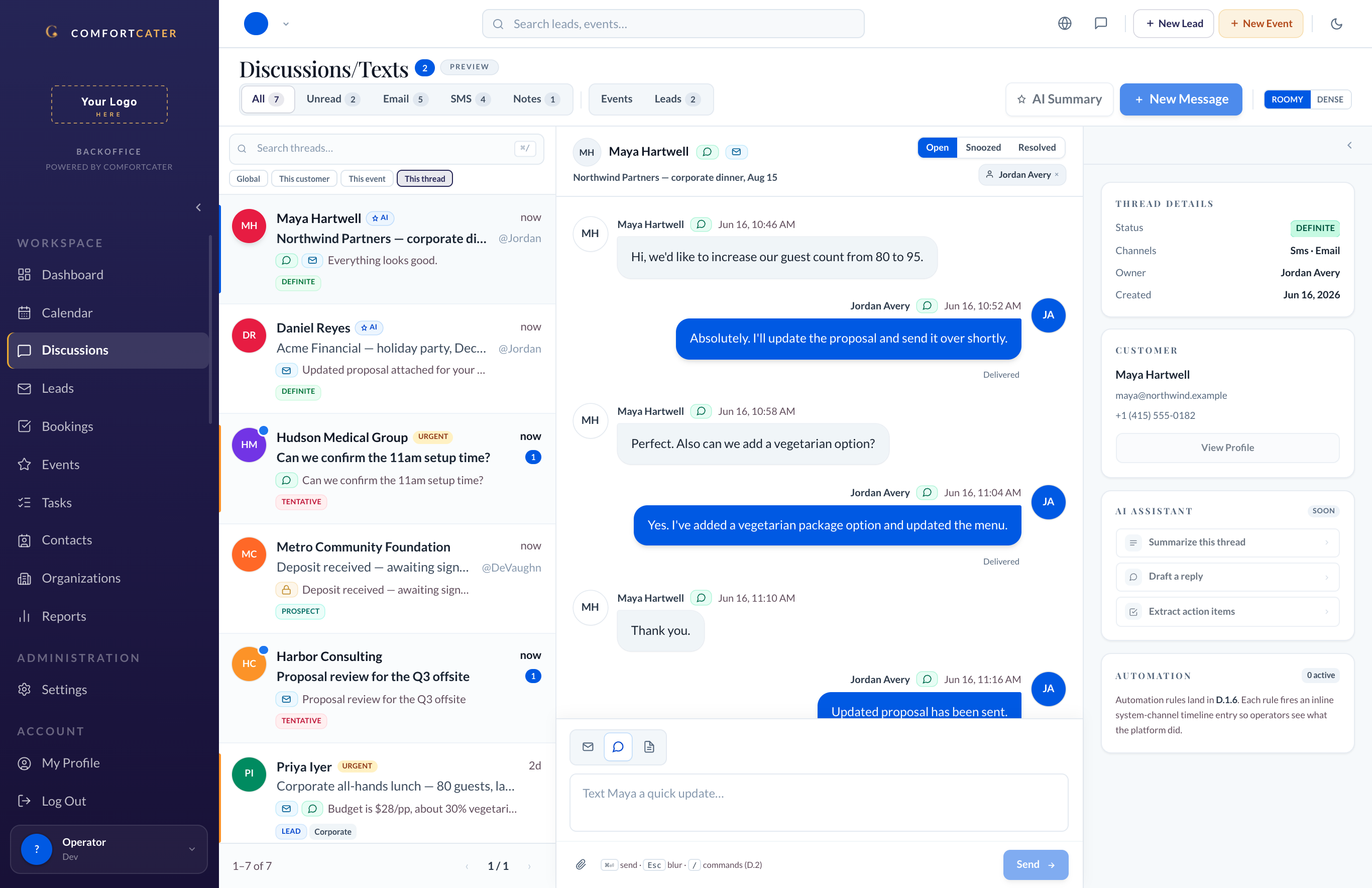ComfortCater SMS conversation on desktop