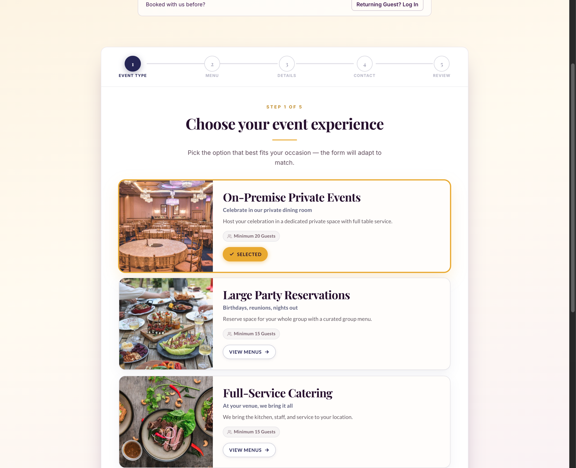 ComfortCater Event type on desktop