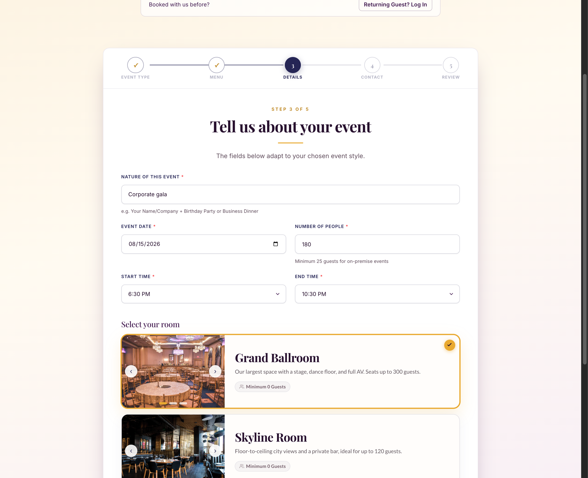 ComfortCater Event details & room on desktop