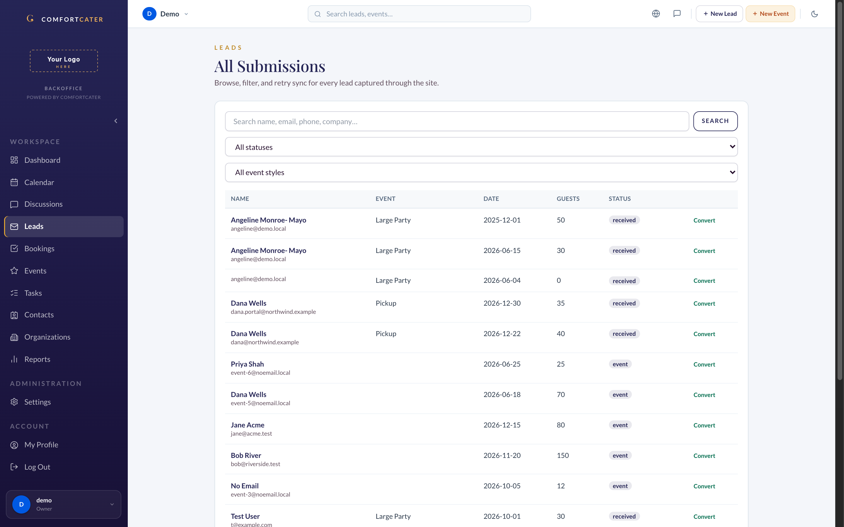 ComfortCater Lead pipeline on desktop